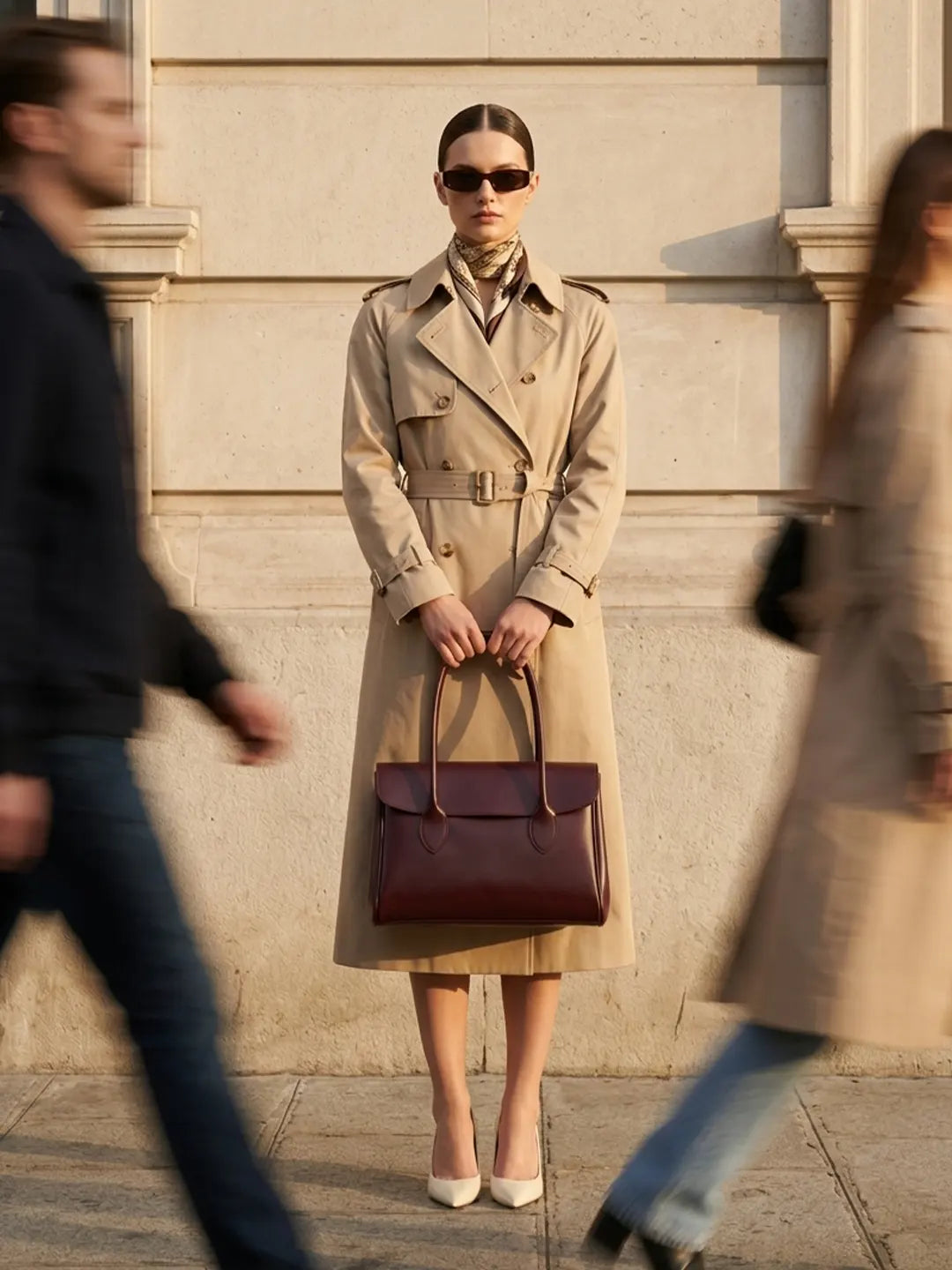 Woman carrying an AFROZ Legacy tote handbag in a city street