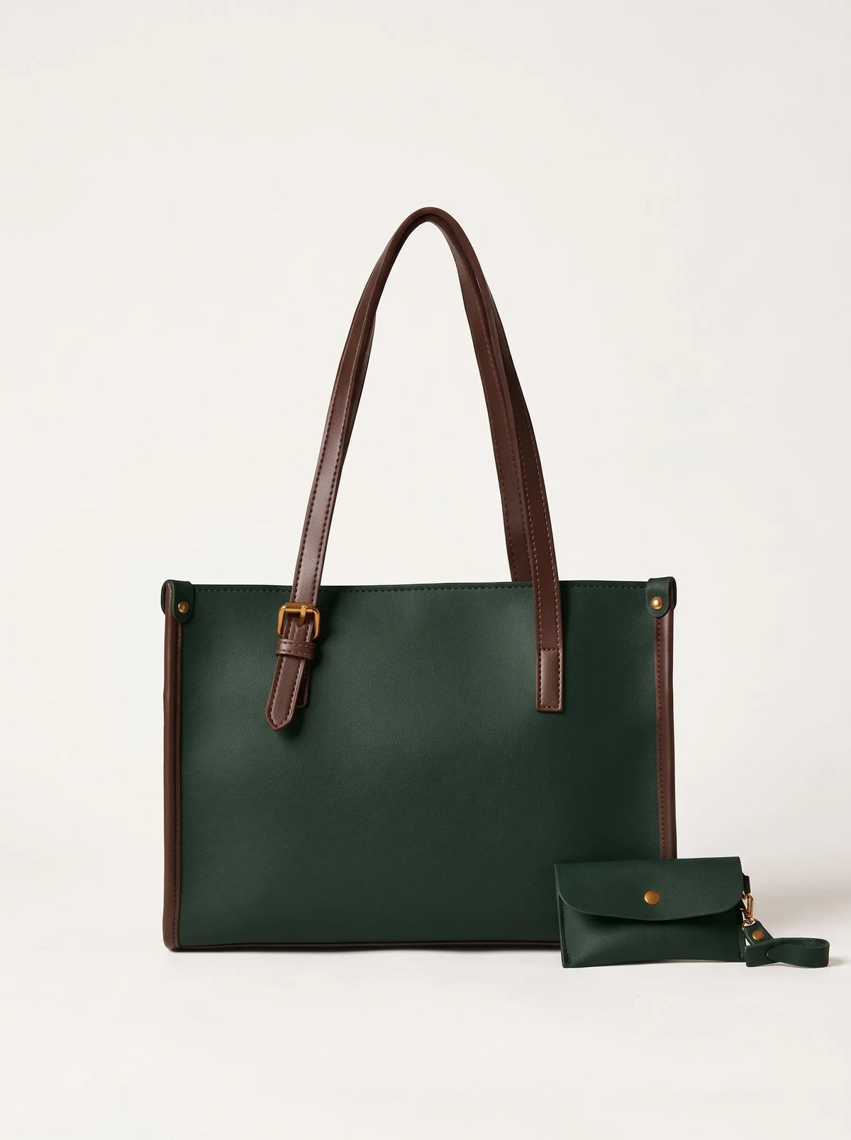 A dark green leather tote bag with brown leather handles and trim, shown next to a matching small green wristlet pouch on a light gray background.