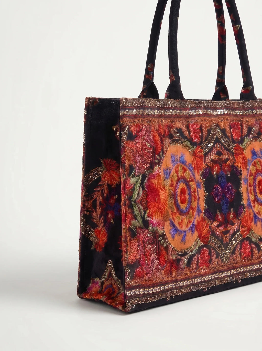 Close-up of sequin and bead trim on Royal Bloom canvas tote bag