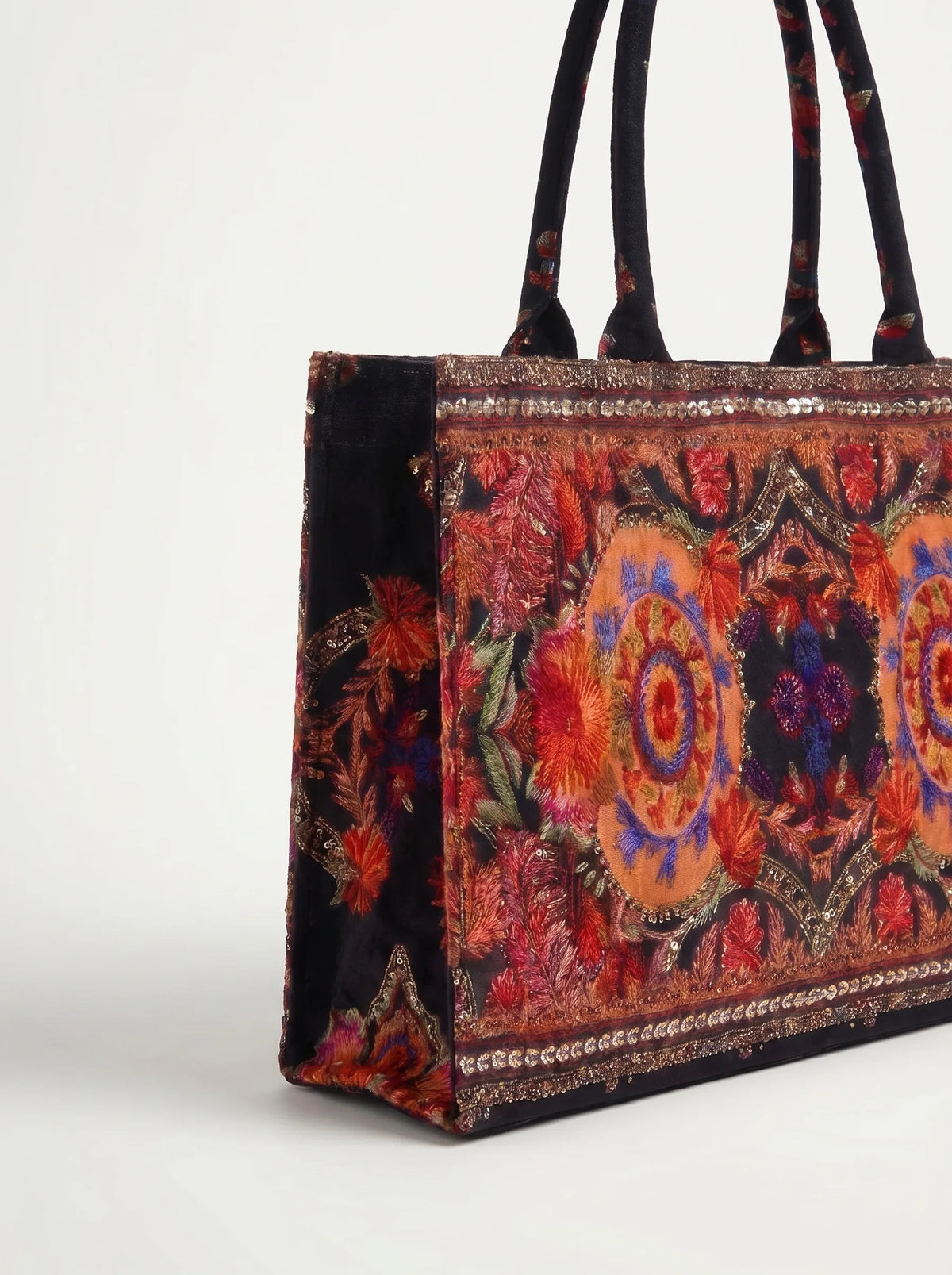 Close-up of sequin and bead trim on Royal Bloom canvas tote bag