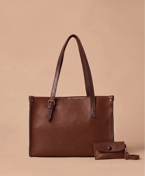 AFROZ 2-Piece Buckle Tote with Pouch in brown – tote bag set