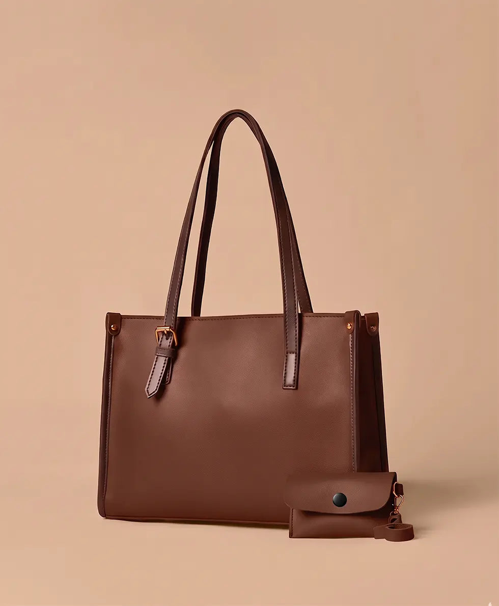 AFROZ 2-Piece Buckle Tote with Pouch in brown – tote bag set, photo 4