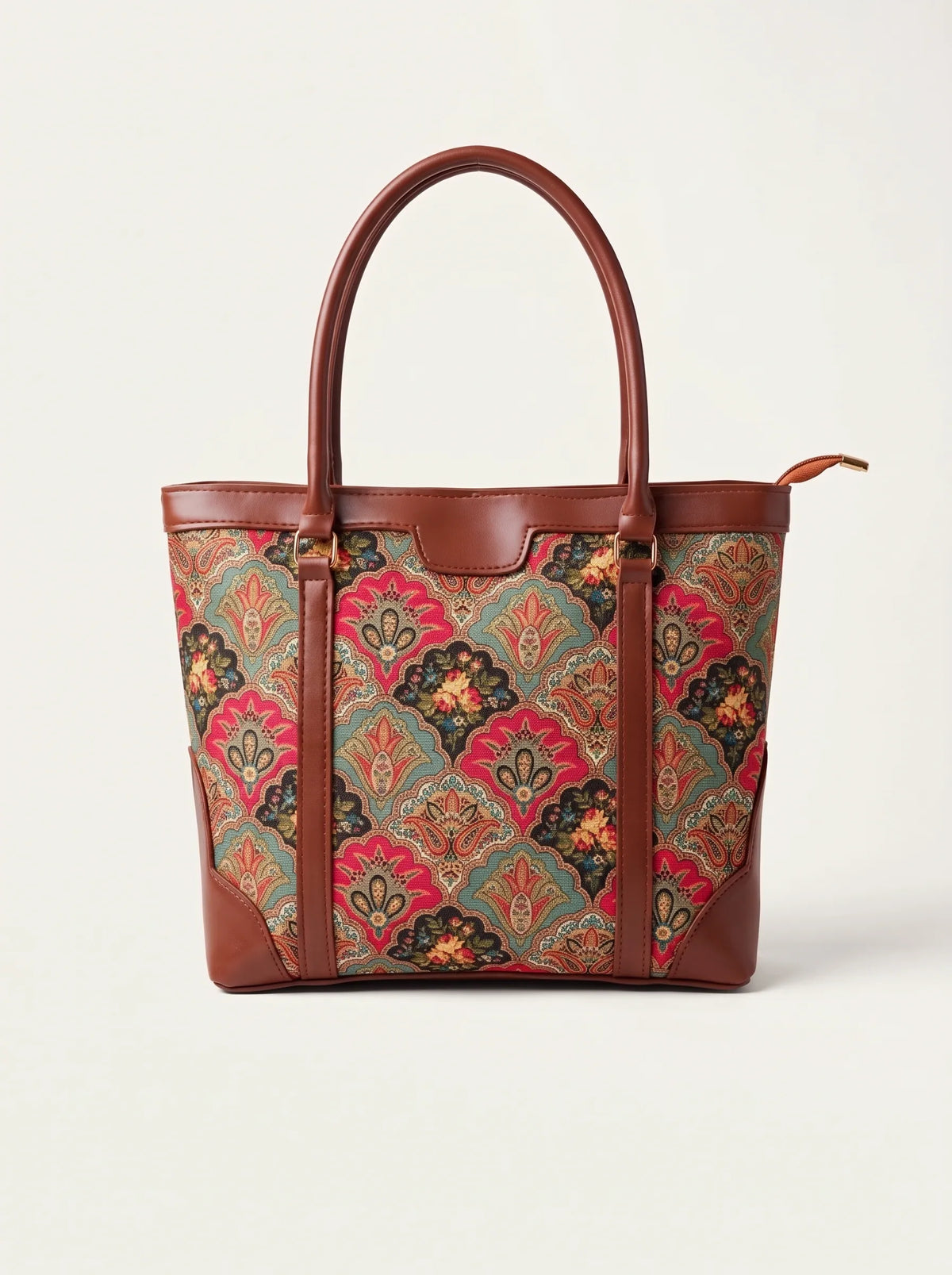 Afroz.pk Camellia Paisley canvas tote bag with PU leather strap cover 
