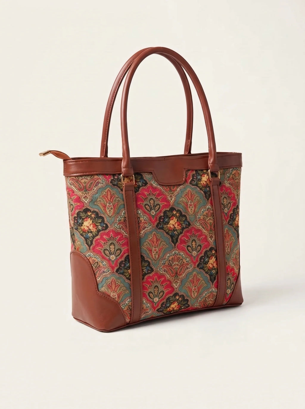 Side view of blush floral canvas tote bag showing 4 inch depth