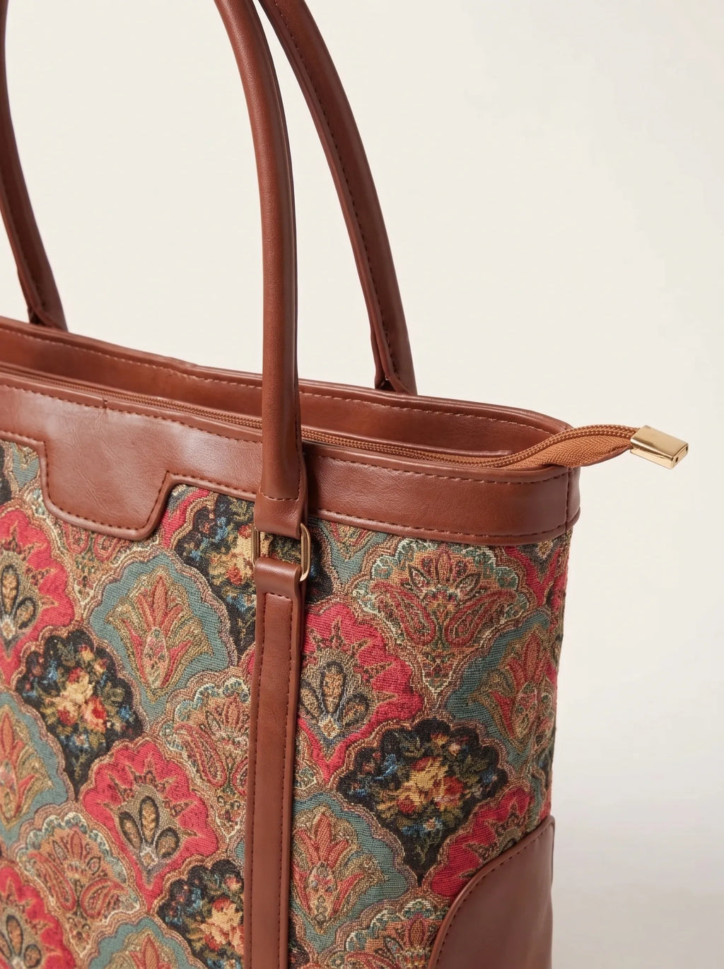 Close-up of ditsy pink and coral floral print on canvas tote bag