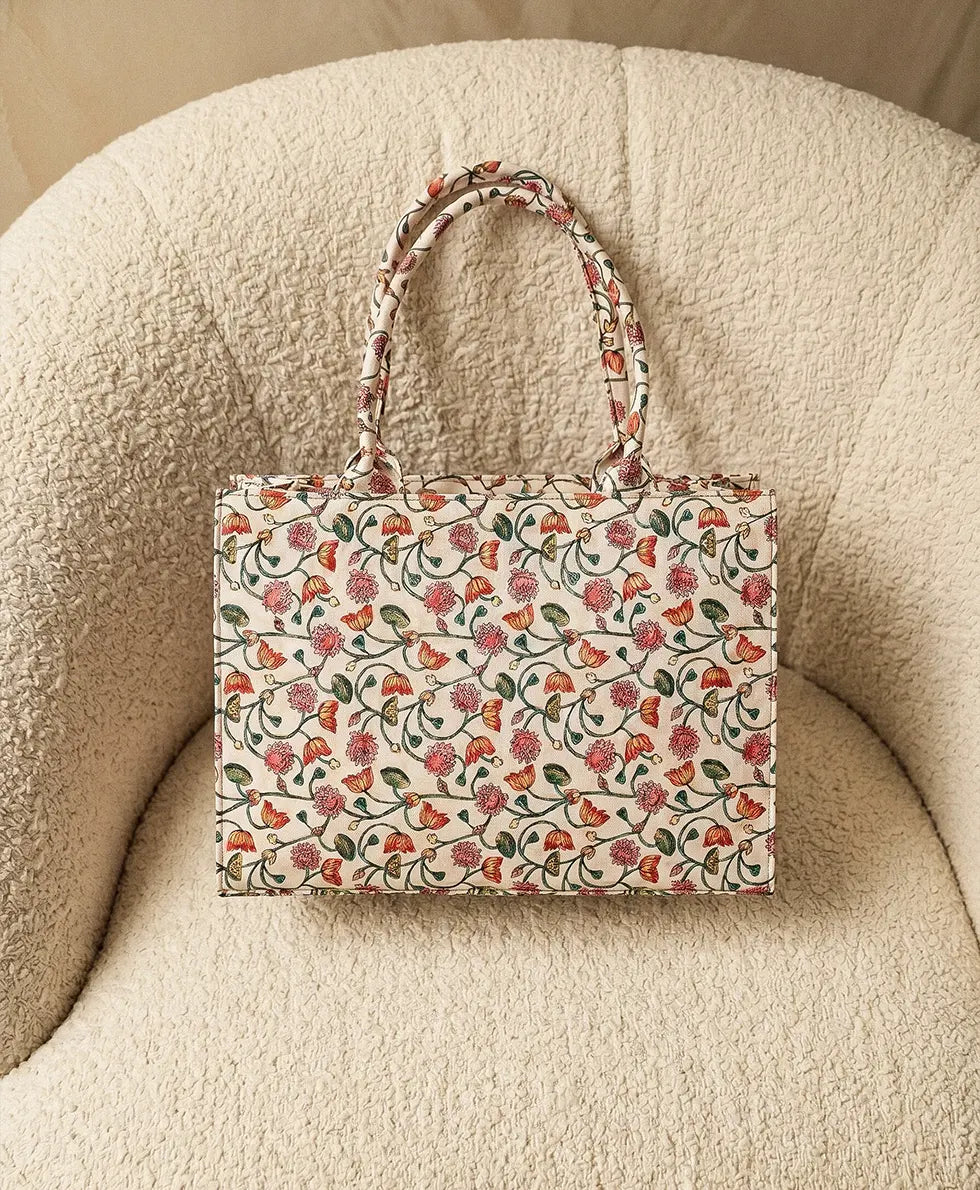 Open-top view of spacious blush floral tote bag interior