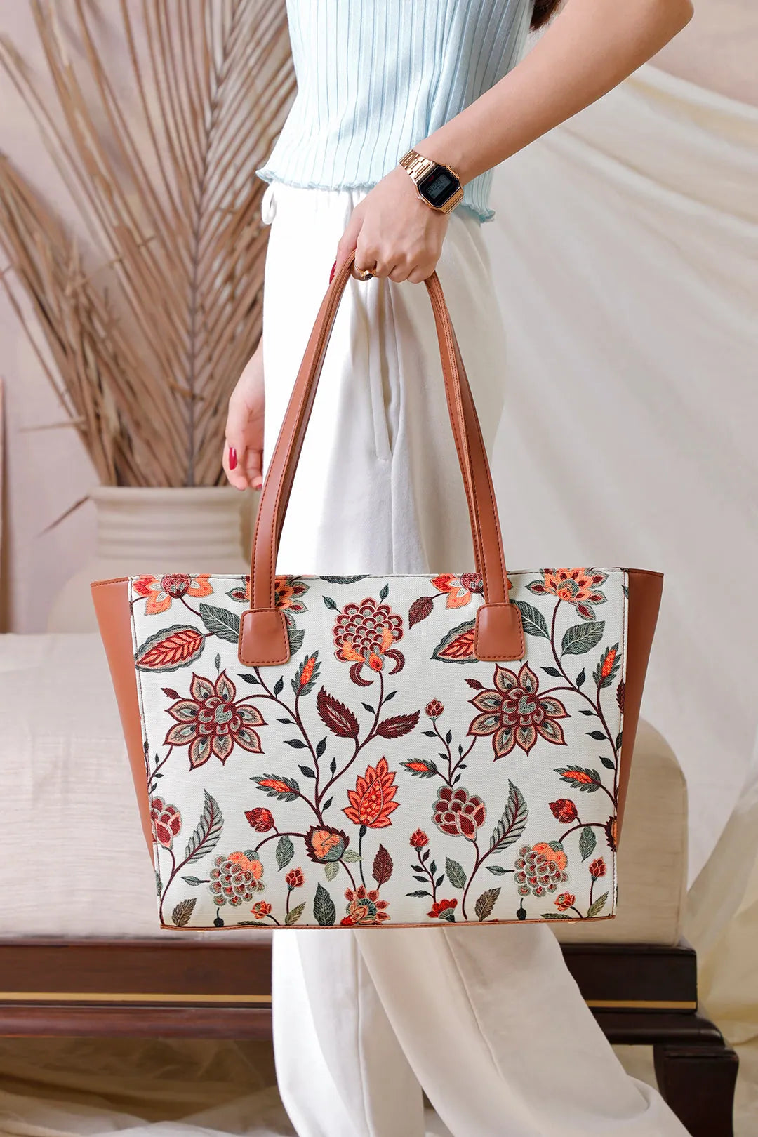 Side view of beige canvas tote bag showing 4.5 inch depth