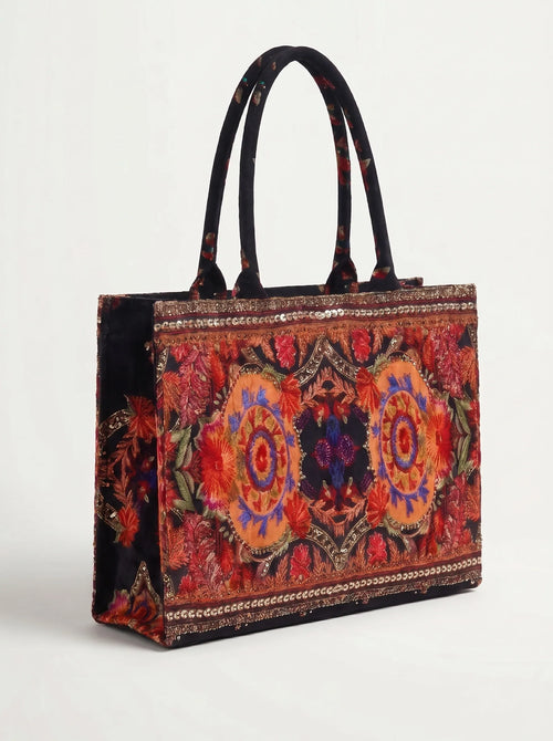 Afroz.pk Royal Bloom black canvas tote bag with ethnic medallion print